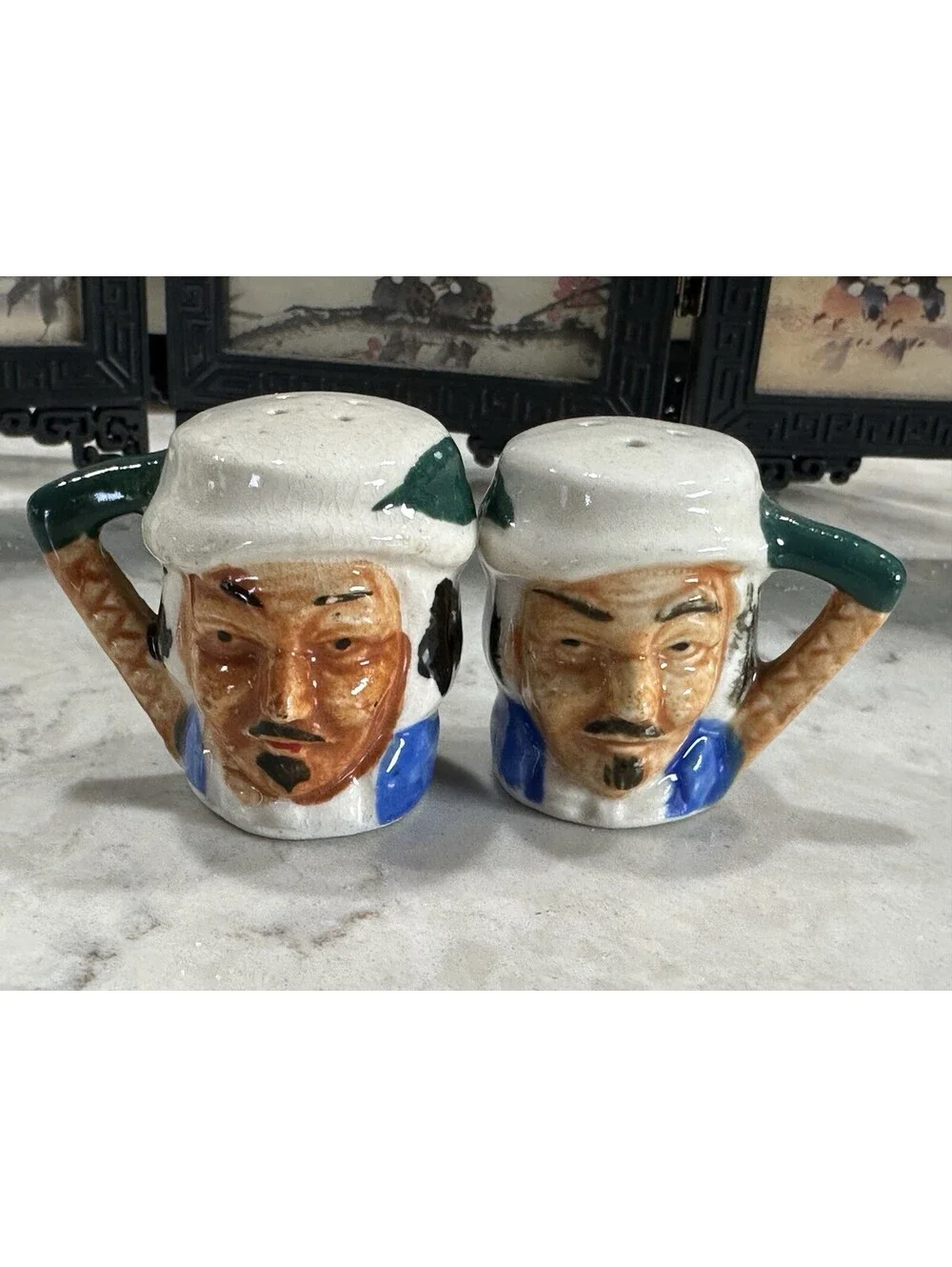 vintage miniature Toby character salt and pepper shaker set 1.50 inches tall